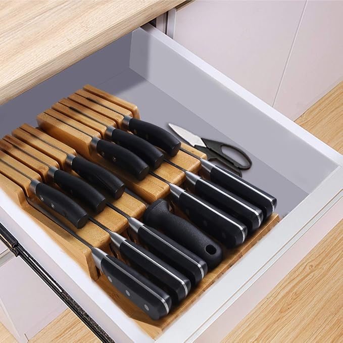 NIUXX Bamboo In-Drawer Knife Block Set for 12 Knives(Not Included) | Large Kitchen Detachable Washable Cutlery Slot Organizer Storage Holder for Sharpening Steel and Cutter