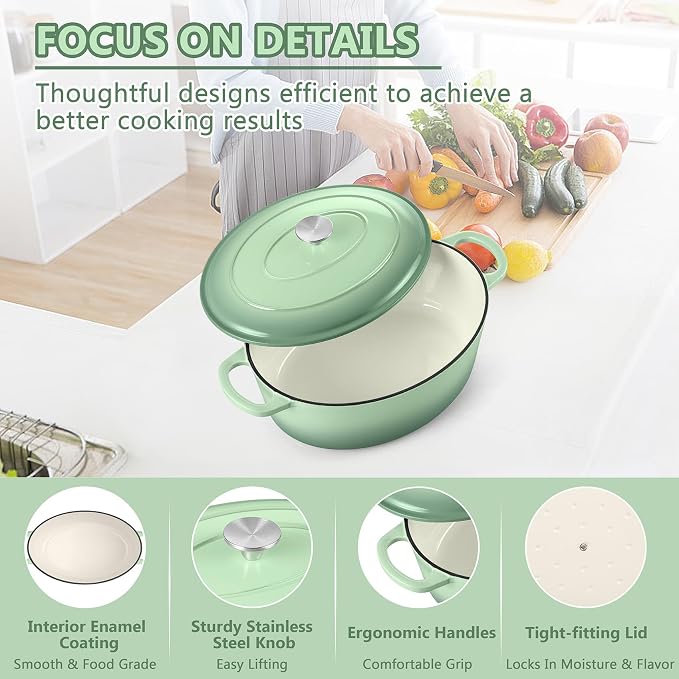 TeamFar 7QT Oval Dutch Oven, Enameled Cast Iron Dutch Oven Pot with Lid | For Bread Baking/Stewing/Braising/Frying, Suitable for Various Stoves, Non-stick & Easy Clean, Pistachio Green