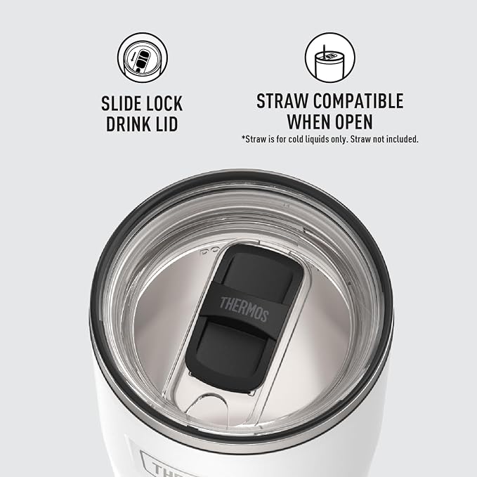 THERMOS Icon Series 24oz Stainless Steel Tumbler with Slide Lock Lid, Leakproof, Fits Cupholder, Dishwasher Safe, Griptec™ Non‑Slip Base, Keeps Drinks Hot 6 Hrs/Cold 22 Hrs, Snow