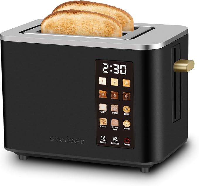 SEEDEEM 2 Slice Toaster with Full Touch Screen, Stainless Steel, 6 Bread Types & 6 Shade Settings, Countdown Display, Removable Crumb Tray, 900W, Black
