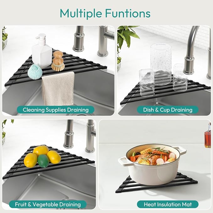 Small Foldable Triangle Roll Up Dish Drying Rack for Sink Corner, Black | Collapsible Stainless Steel with Silicone Coated Over Sink Rack, Space Saving Kitchen Sink Caddy Organizer for RV & Camper