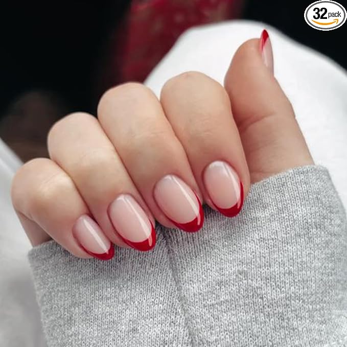 Modelones Red French Tip Press on Nails Short, Summer Oval Fake Nails | Reusable Nail Kit with Nail Glue Adhesive Tabs Mini Nail File, Nails Press Ons 32Pcs 16Sizes, Women Girl Gift