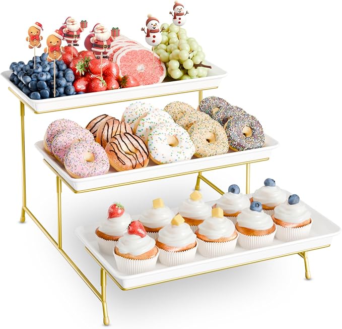 Bumusty 3-Tier Melamine Serving Tray Set, 14 x 7 in, Gold Stand | Melamine Reusable Platters with Metal Display Stand for Cupcakes, Desserts, Fruit, Cookies, Parties, Birthdays and Holidays