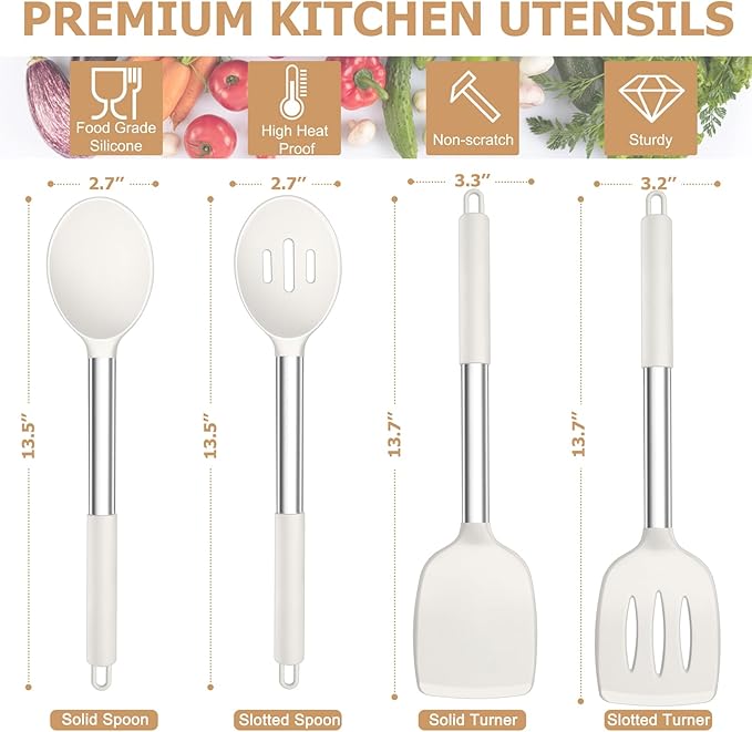 TeamFar Kitchen Utensils, 4 PCS Silicone Cooking Utensils Spatula Spoon Set | with Stainless Steel Handle, for Frying Mixing Draining Turning, Healthy & Heat-proof, Non-stick & Dishwasher Safe - White