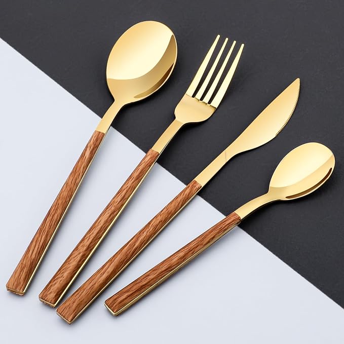 Stainless Steel Flatware Set for 4, Cutlery Utensils Set,Gold | Include Knives/Forks/Spoons Service for 4, Mirror Polished and Dishwasher Safe for Home, Restaurant, Wedding