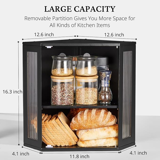 BRONYPRO Corner Bread Box for Kitchen Countertop, Double Layer Bamboo Breadbox with Adjustable Partition, Modern Bread Storage Organizer (Extra Large Black)