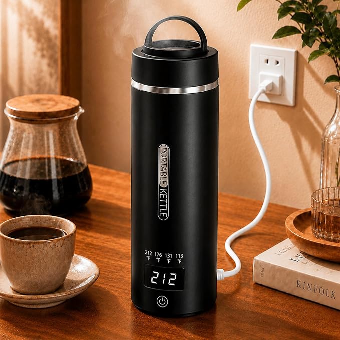 Travel Kettle, Portable Electric Kettle for 4 Temperature Controls, Black | 304 Stainless Steel Liner, Auto Shut-off, 300W (120V) Fast Boiling, Water Bottle for Business Trips, Dorm & Office, 450ml