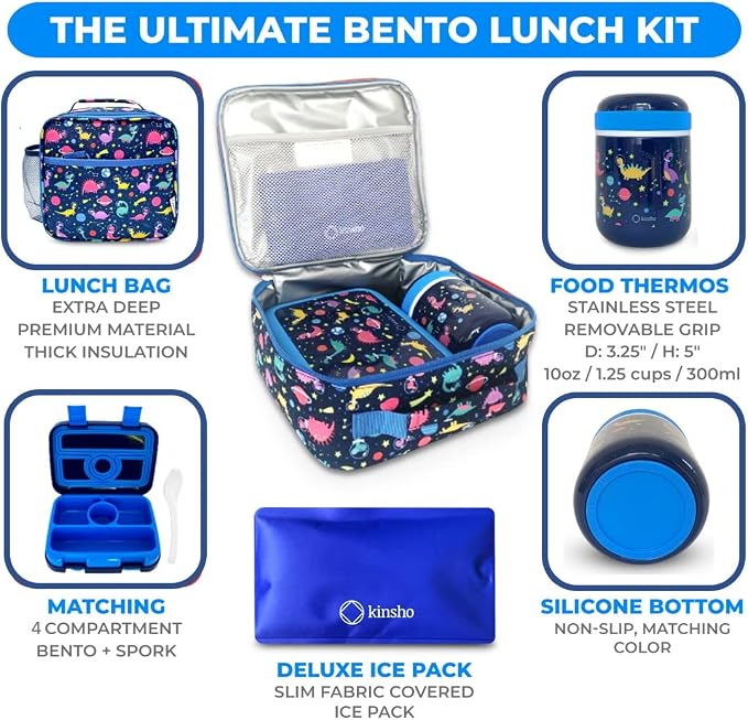 kinsho kids Bento Lunch Box Set with Thermo Bag & Ice Pack, Blue Space Dino | 4 Compartments, Removable Tray, Small Meal Dinosaur Snack Container for Boys Toddlers, Daycare & Pre-School, Steel Food Jar