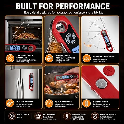 Dual Probes Digital Instant Read Meat Thermometer Waterproof Kitchen Food Cooking Thermometer Backlight, Alarm, °F/°C for BBQ Grill Smoker Steak Turkey Frying Baking Oven Water Oil