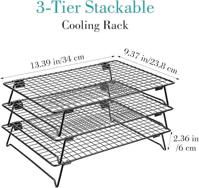 Kifmurase 3PCS Stackable Cooling Rack for Baking, 13.3 x 9.3 Inch Carbon Steel Wire Rack with Folding Legs for Cookie Cake Pizza Jerky, Multi-Use Bread Oven Racks for Cooking Roasting Drying Grilling