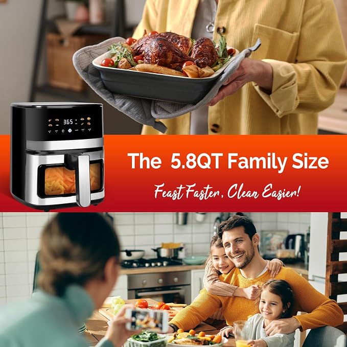 5.8QT Compact Air Fryer, Stainless Steel Oven with Clear Window | QUICK & SAFE: large air fryer perfect for small family; BPA-free stainless steel build for healthy cooking, Gift Box Included