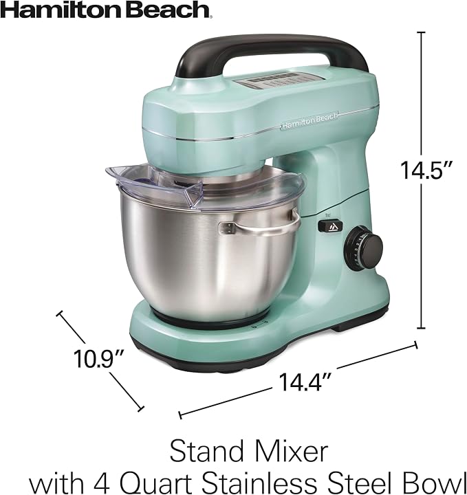 Hamilton Beach 4 Qt Electric Stand Mixer With 7 Speeds, Easy-Carry Handle | Planetary Mixing For Full Bowl Coverage | Splash Guard | 300 Watts | Whisk, Flat Beater, Dough Hook | Mixing Guide | Aqua