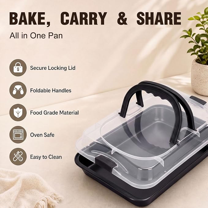 Qinyoung 1 Pcs Black Cake Pan with Lid and Handle, 9 X 13 Inch | Non-stick, Rectangle Sheet Cake Pan, Covered Carrier, Brownie Roasting, Cooking, Baking