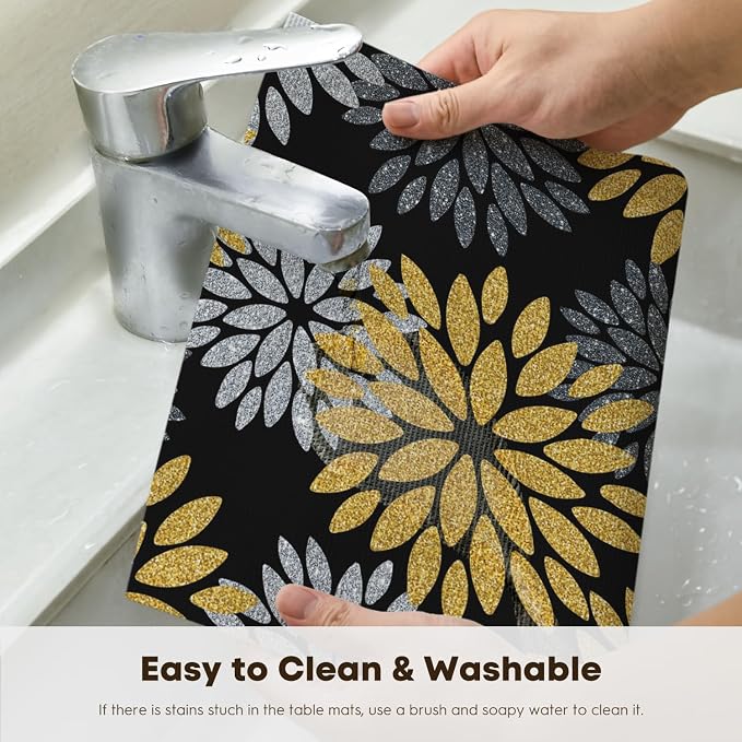 Artoid Mode Floral Vinyl Placemats Set of 4, 12x18 Inch New Year Washable Non-Slip Plastic Vinyl Place Mats for Party Kitchen Dining Decor, Yellow Black