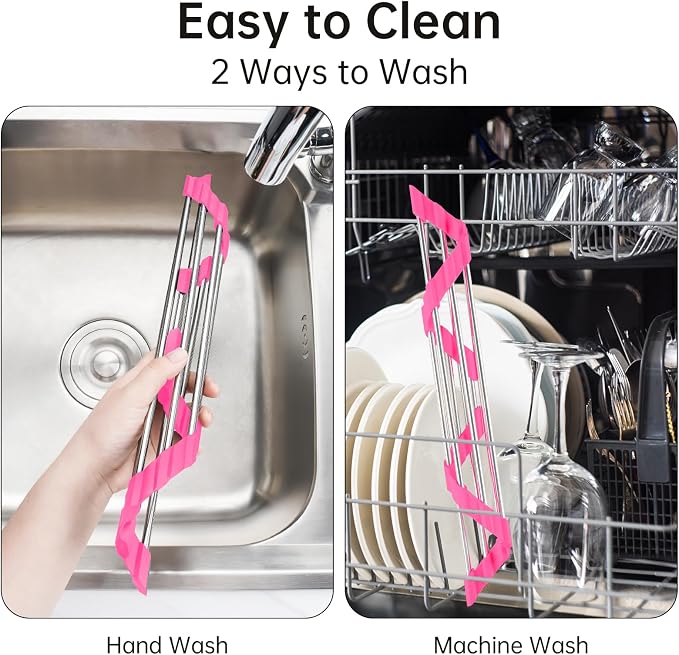 Tomorotec Triangle Roll Up Dish Drying Rack 304 Stainless Steel Rose | BPA-Free Food-Grade Silicone Edges Foldable Waterproof Rustproof Heavy-Duty Space Saver Heat Resistant to 550°F