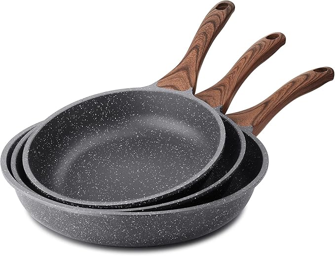 SENSARTE Nonstick Frying Pans, Grey(9.5+11+12.5 Inch) | Swiss Granite Coating, Free of PFOA&PFOS, Compatible with All Stoves Including Induction Cooktops, Easy to Clean
