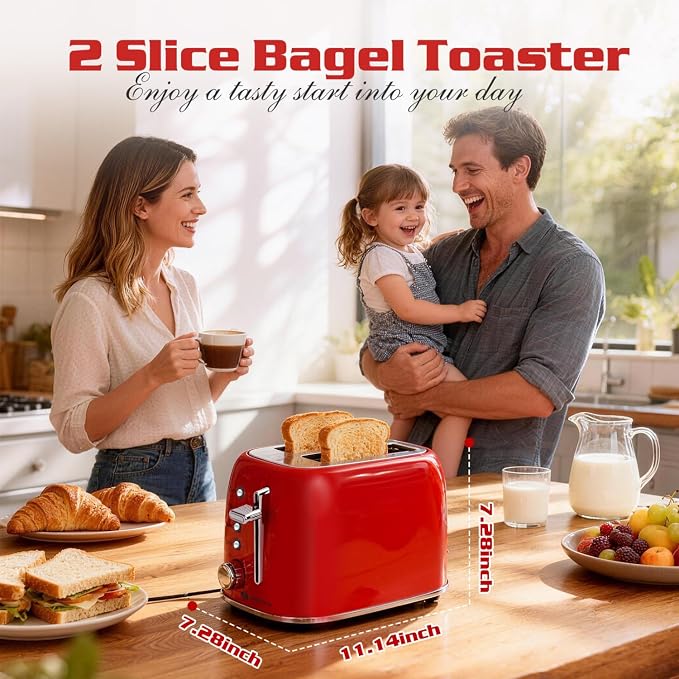 Aigostar Toaster 2 Slice, Retro Extra-Wide Slot, Red | Best Rated Prime, For Toasting Bagels, Breads, Waffles & More, Cancel, Defrost & 6 Browning, Removable Crumb Tray