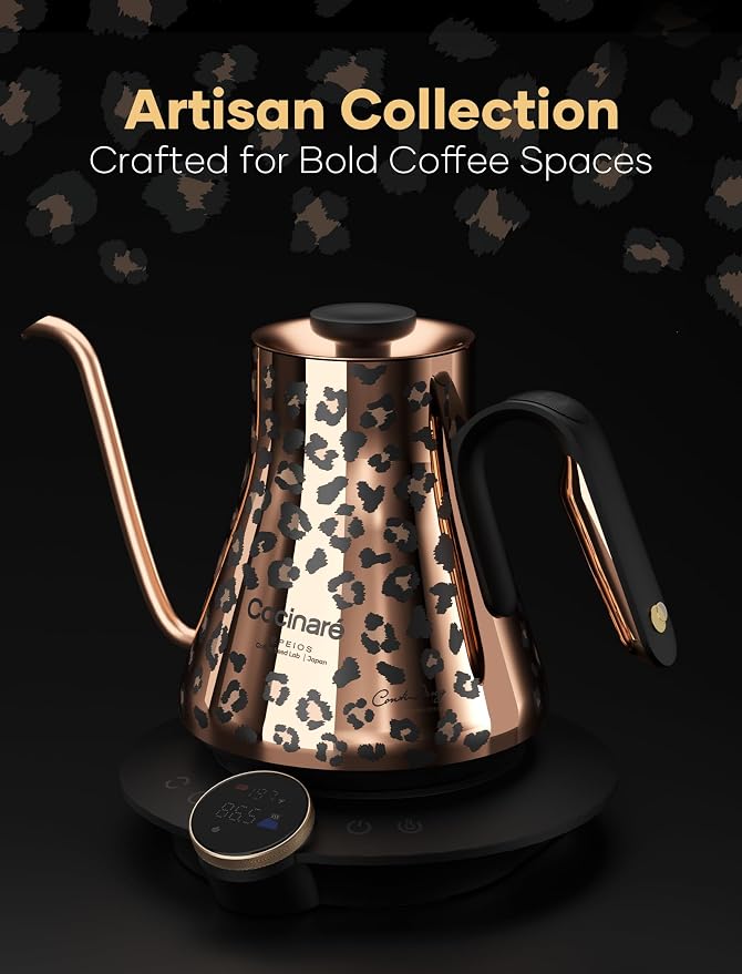 Cocinare Artisan Collection Gooseneck Electric Kettle, ±0.5°F Temperature Control for Pour Over Coffee & Tea, 1500W Fast Heating, Stainless Steel Interior, 0.9L, Wild Gold Design