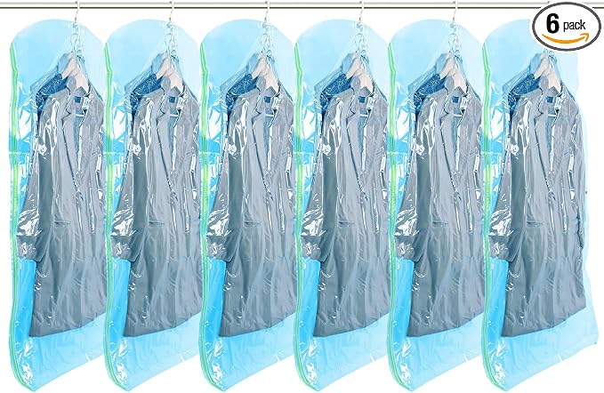 TAILI Hanging Vacuum Storage Bags Clothes, Coats, Jackets,6 Jumbo Blue | Vacuum Seal Bags for Clothing, Space Saver Winter Clothes Storage Closet Organizer Garment Storage