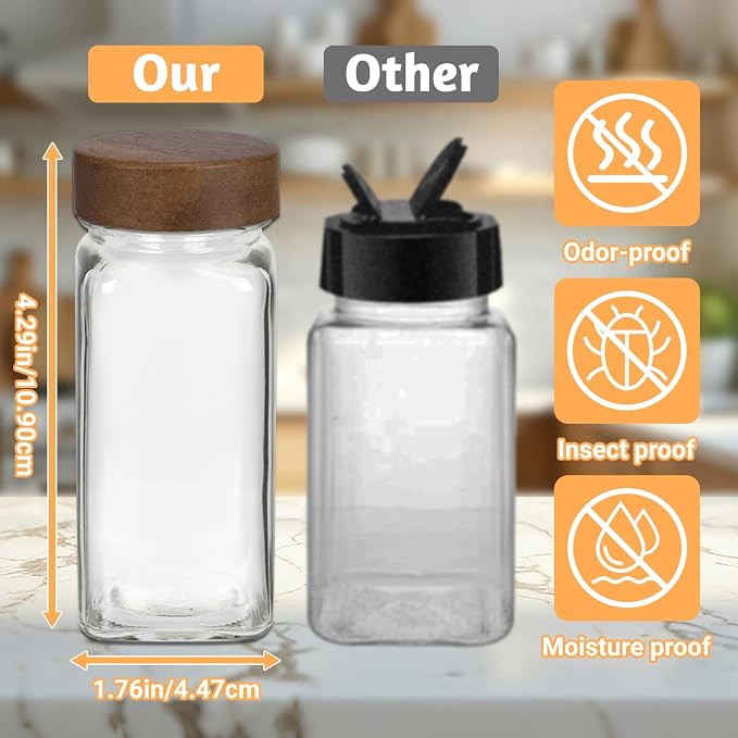 24 Pack Glass Spice Jars with Labels, 4oz Spice Containers with Acacia Lids | Includes 249 Labels, Metal Funnel, Extra Shaker Lids & Stirring Stick for Kitchen Seasoning Organization