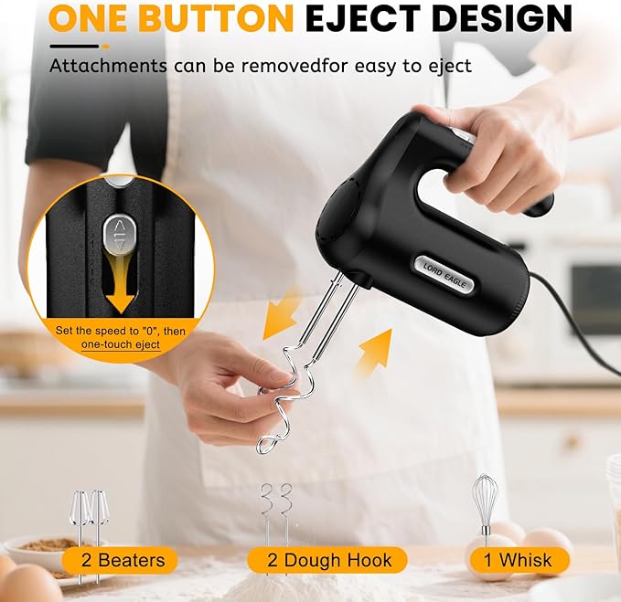 Lord Eagle 5-Speed Hand Mixer Electric With 4 Mixing Bowls Set | 300W Lightweight Kitchen Handheld Mixer with Measuring Cups & Spoons, Stainless Steel Bowls, Baking Supplies for Cake, Black