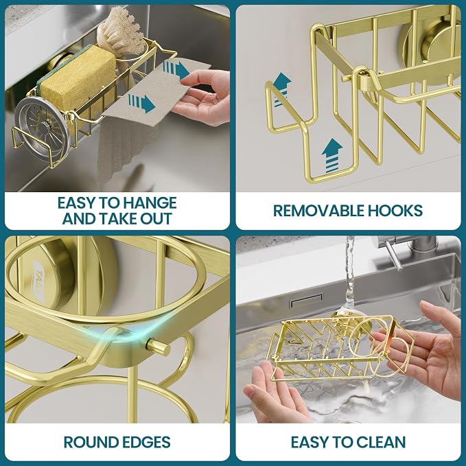 TAILI 4-in-1 Sponge Holder for Kitchen Sink with Strong Suction Cup-Gold | Removable Rustproof 304 Stainless Steel Multi-compartment Sponge Holder with Suction Cup, Keeps Brushes & Scrubbers Tidy