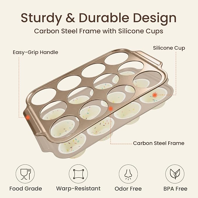 Silicone Muffin Pans for Baking with Metal Frame, 12-Cup Silicone Cupcake Pan, Egg Bite Silicone Mold, Nonstick, BPA Free, Oven & Dishwasher Safe