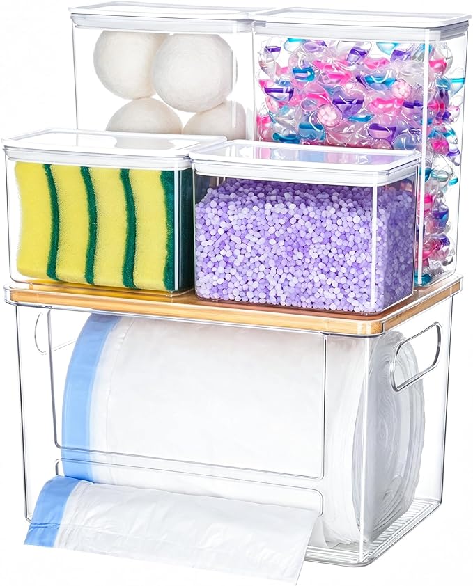 iCASA 5 in 1 Trash Bag Holder Dispenser Dishwasher & Laundry Pods Container | Large Stackable Under Sink Organizer Garbage Bag Dispenser for 13/30/33 Gallon Bags, Kitchen Pantry Clear Storage Bins
