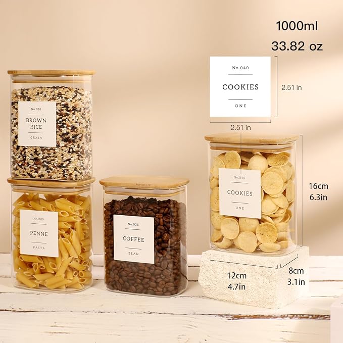 4 Pack Square Glass Pantry Storage Containers with 132 Kitchen Food Pantry Labels - 34 floz Clear Glass Pantry Jars with Airtight Wood Bamboo Lids - Glass Canisters for Tea, Cereal, Coffee, Spice