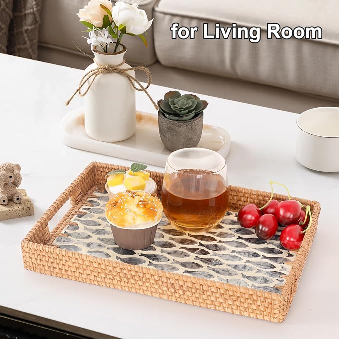 Rectangle Rattan Tray with Mother of Pearl Inlay, Rattan Serving Tray with Handle for Coffee, Bread, Fruits, Snacks, Decorative Wicker Tray for Table Decor (Rectangle Black Fish, 13"×9")