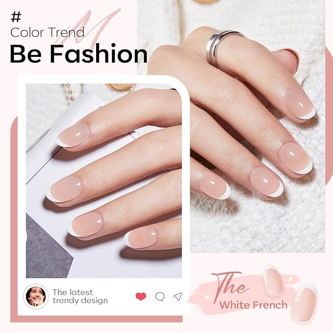 modelones French Tip Press On Nails, Short Oval Fake Nails Nails Press Ons | with Nail Glue, Adhesive Tabs, Nail File, Prep Pad, Manicure Stick, 32Pcs 16 Sizes, Nude, Summer Women Girl Gift