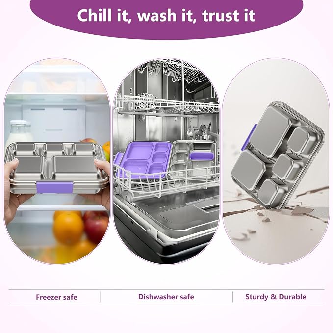 Pawtong Stainless Steel Lunch Box, 5-Compartment Bento Lunch Box for Kids & Adults,Metal Lunch Box with Removable Silicone Container, Lunch Box Containers for School,Office(Purple)