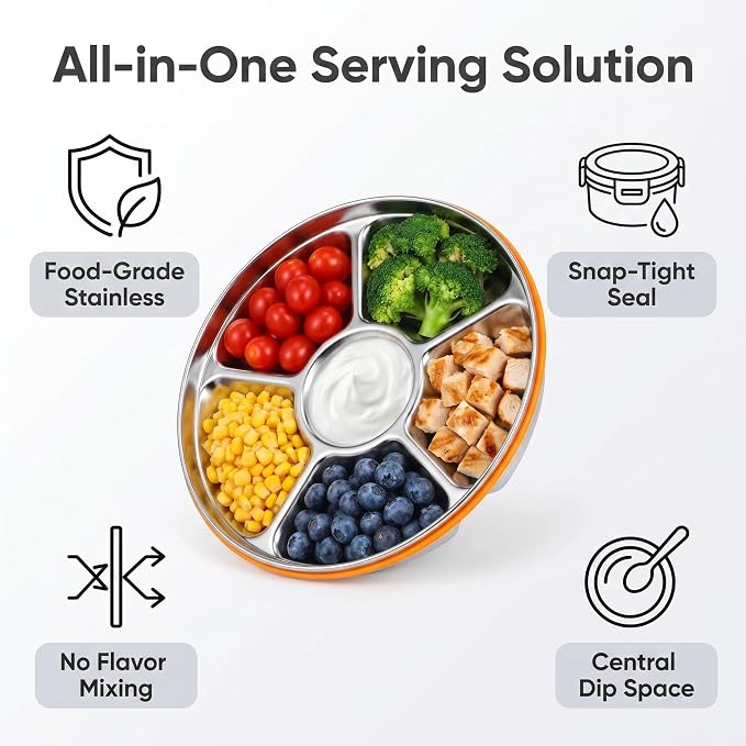 Divided Serving Tray with Lid, Fruit Tray with Lid for Home Party | Food-grade stainless steel divided serving tray with lid, leakproof, easy clean, for families, fruit, parties & picnics.
