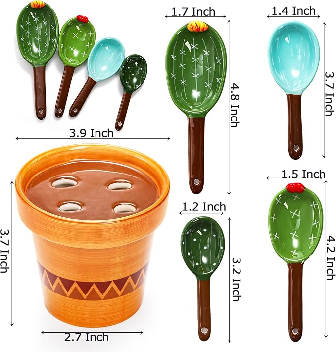 Coloch 5Pcs Ceramic Measuring Spoons in Pot, Cactus Shape Baking Measuring Spoons and Cup Decorative Cactus Figurine Measuring Spoon Set for Baking, Milk, Sugar, Salt