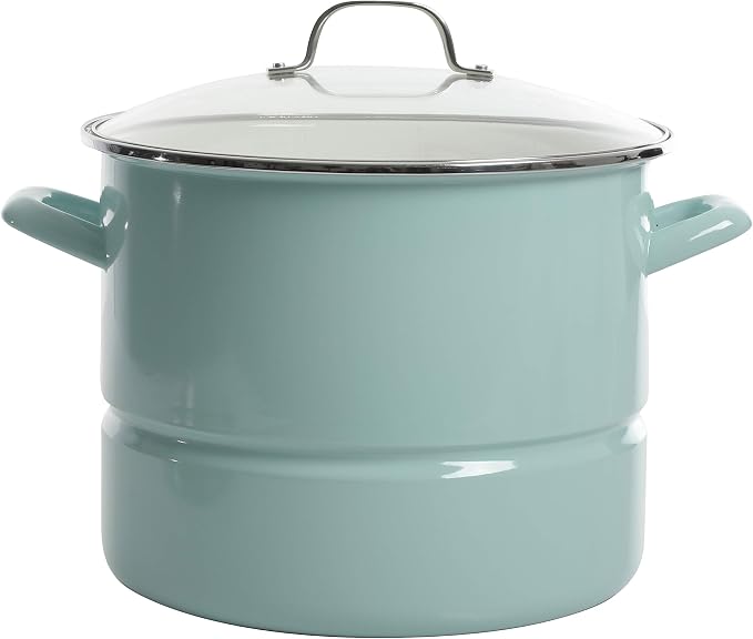 Kenmore Broadway 16-Quart Stock Pot With Steamer Insert and Lid, Glacier Blue, Large Stainless Steel Cookware for Boiling, Steaming, and Soups