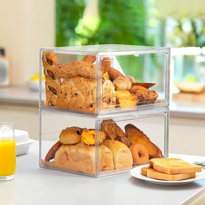 2pcs Large Bread Box Kitchen Countertop upgraded - Large Capacity Transparent Bread Rack Storage Box， 20 Sheets of Greaseproof paper-Stackable Double-Layer Bread Pantry Storage Container