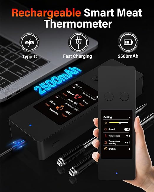 AWLKIM Wireless Meat Thermometer with Touchscreen Base, No Phone Needed — 2 Probes, 8 Sensors, Bluetooth 5.3, Rechargeable for Grill, BBQ, Smoker & Oven