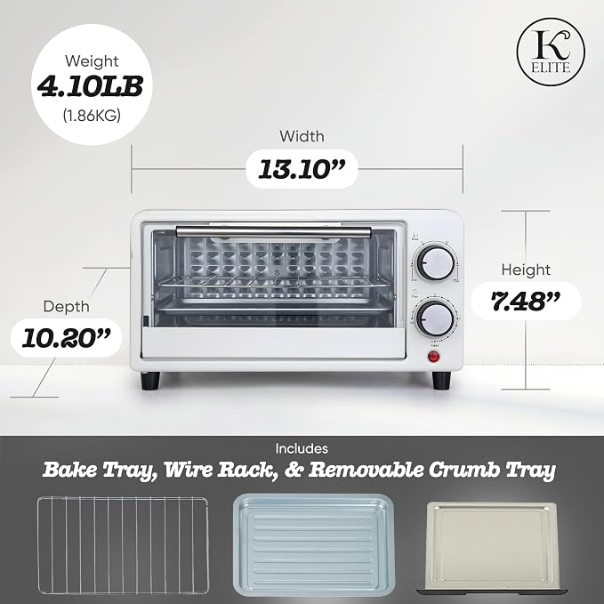 Kitchen Elite 4-Slice Countertop Toaster Oven, Stainless Steel Tray, White