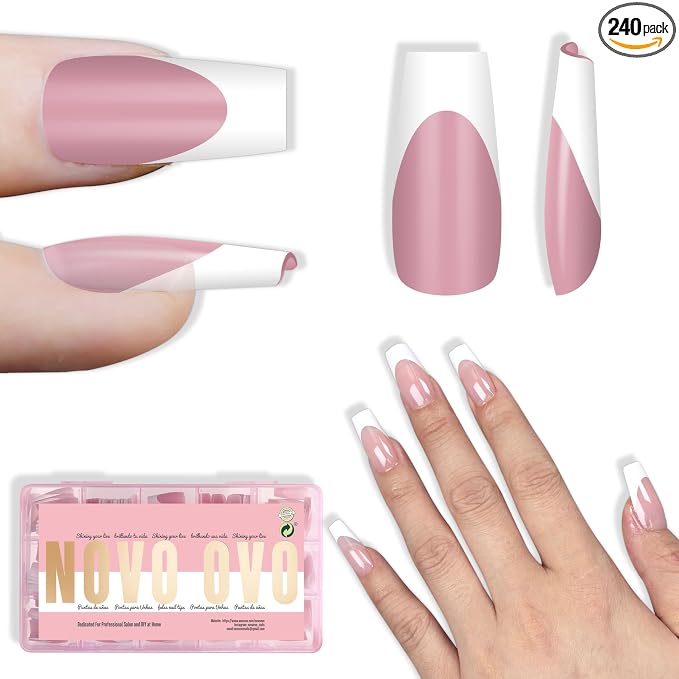 NOVO OVO White French Tip Medium Coffin Nail Tips Press on, BERRY PINK, Extra Thick Soft Gel Fake Nail Acrylic Extension, Need Builder Gel Top Coat, No Glue Included, for Salon DIY 15 Sizes x 240 pcs