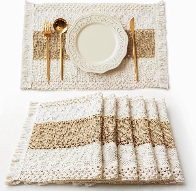 Boho Placemats Set of 6, Macrame Table Mats Farmhouse Dining Decor | 12x20" Woven Burlap Place Mat with Tassel for Kitchen and Dining Table Centerpiece Home Decorations Rustic Boho Kitchen Decor