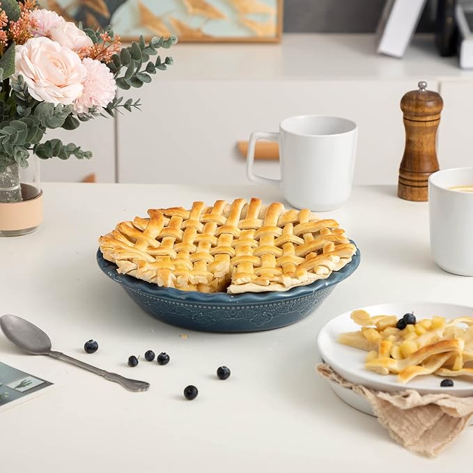 Pie Pan, 9 Inch Ceramic Pie Dish, Deep Dish Pie Pan with Lace Emboss, Ruffled Pie Plate for Baking, Thanksgiving Christmas Gifts(Grayish Blue)