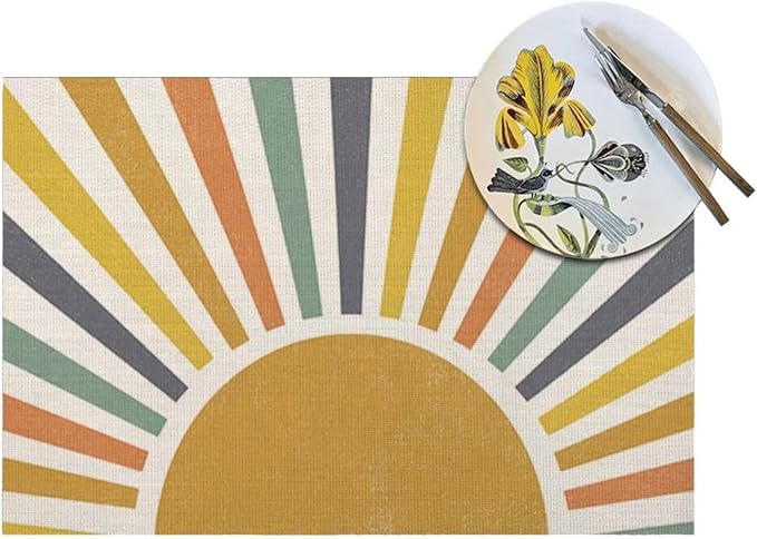 Summer Boho Placemats Set of 4, Yellow Stripes Sunshine Decorative Table Mat 12 x 18 Inch Heat Resistant Non Slip Line Fabric Rainbow Sun Place mat for Holiday Party Kitchen Dining Decor