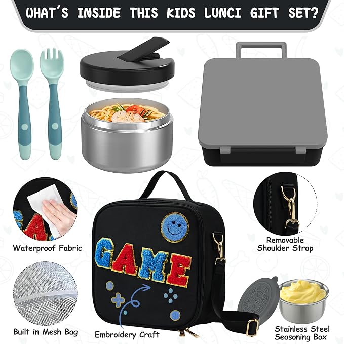 Aimsnk Kids Lunch Box with Thermo Insulated Lunch Bag for School, Black | Kids Bento Lunch Box with 8oz Food Jar, Leak Proof Hot Soup Lunch Containers with 4 Compartment, Warm Lunchbox for Toddler