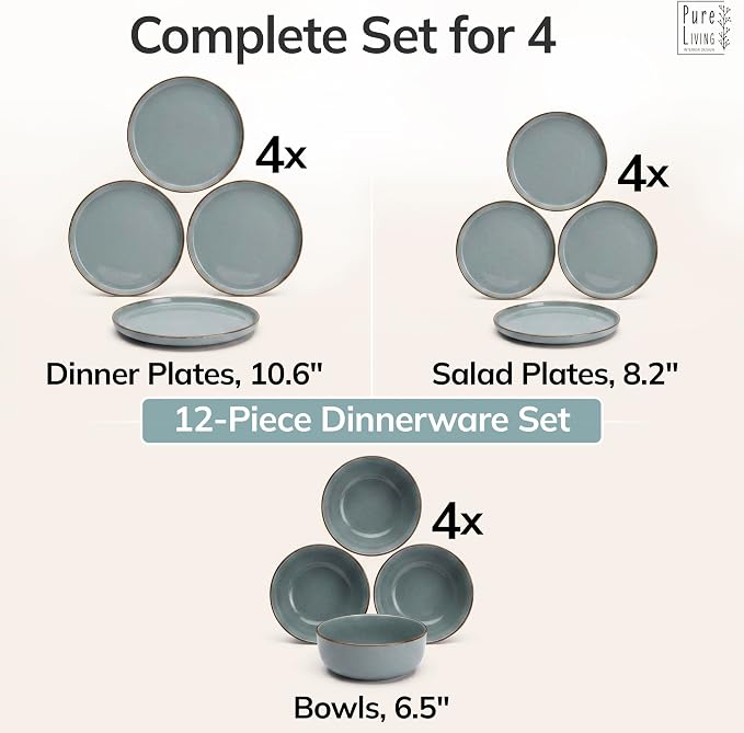Stoneware dinnerware set 4 persons Rustic 12 pcs - Rustic design dinnerware set, dishwasher safe - Bowl and plate set - Pure Living dinnerware in smoky blue…