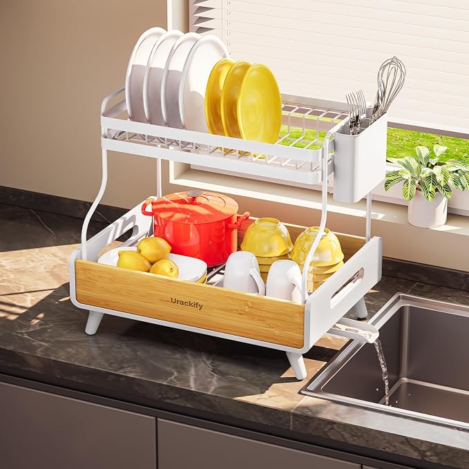 Urackify 2-Tier Stainless Steel&Bamboo Dish Rack for Kitchen Counter,White | Two-Tier Storage, Modern Bamboo Design, Large Capacity, Self-Draining, Rust-Resistant