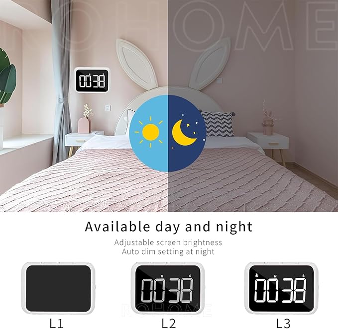 Digital Large Display Visual Timer Stopwatch for Kitchen Teacher School Classroom Cooking, Night Light Magnetic Bathroom Makeup Mirror LED Stop Clock Timer, 99 Minutes Countdown, Loud/Silent (White)