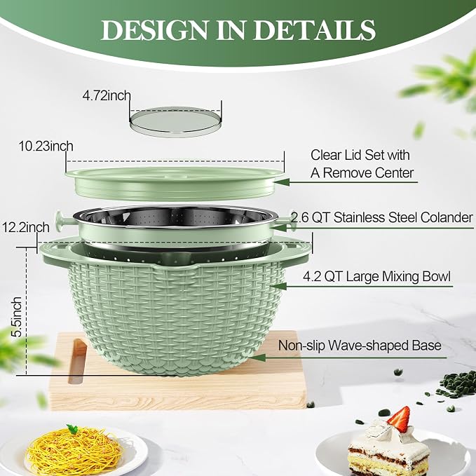 4-1 Colander with Fruit Bowl Set - Colander for Kitchen, Rotatable Strainers and Colanders(Patented), Pasta Strainer with New Upgraded Graters for Fruit, Veggie, Aesthetic Kitchen Essentials - Green