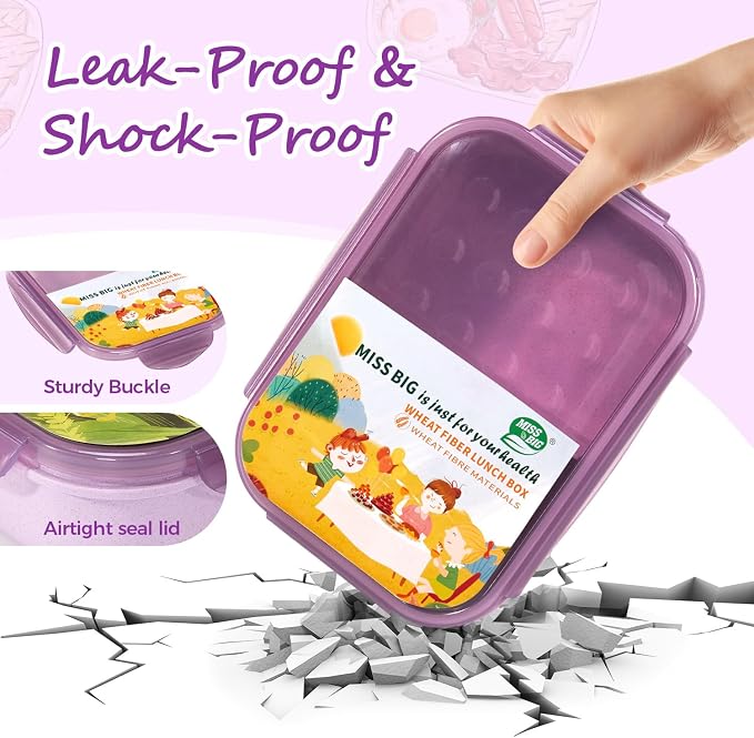 MISS BIG® Bento Lunch Box for Kids, 1150ml, 3 Compartments, Purple | Purple kids bento lunch box for school lunch, daycare snacks, preschool meals, picnic food, and travel.