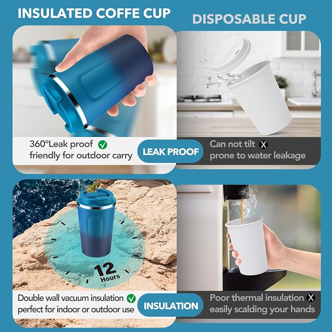 Volhoply 12 oz Double Wall Insulated Vacuum Travel Coffee Mugs with Flip Lid Bulk 2 Pack,Reusable Stainless Steel Leak Proof Coffee Cup,Portable Thermal Tumbler for Cold & Hot Drinks(Dark Night,2 Set)
