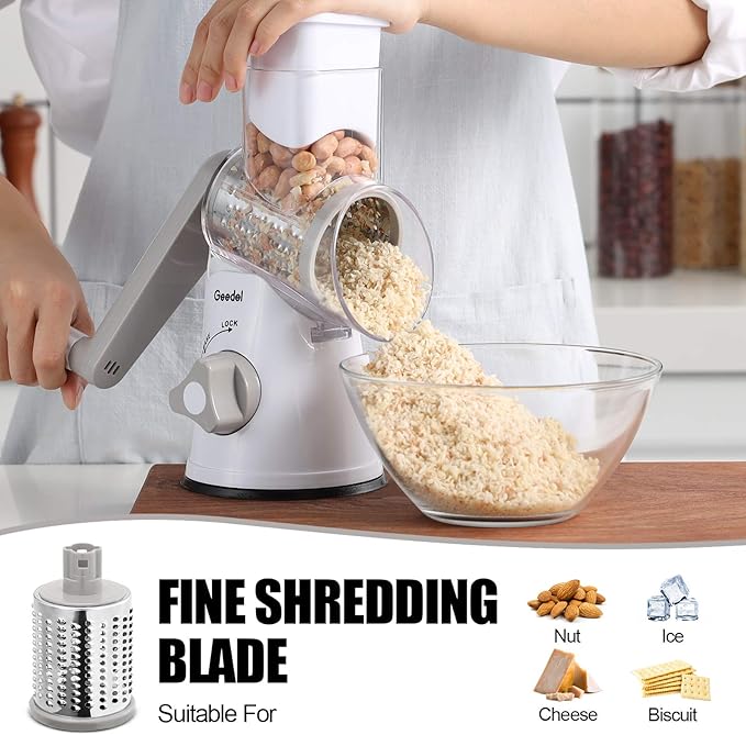 Geedel Rotary Cheese Grater Hand Crank, Cheese Shredder Vegetable Slicer | 3 Blades, 430 Stainless Steel, 12x Fast Cutting, Strong Suction Base, No BPA, Dishwasher Safe, for Cheese, Veggie, Nut